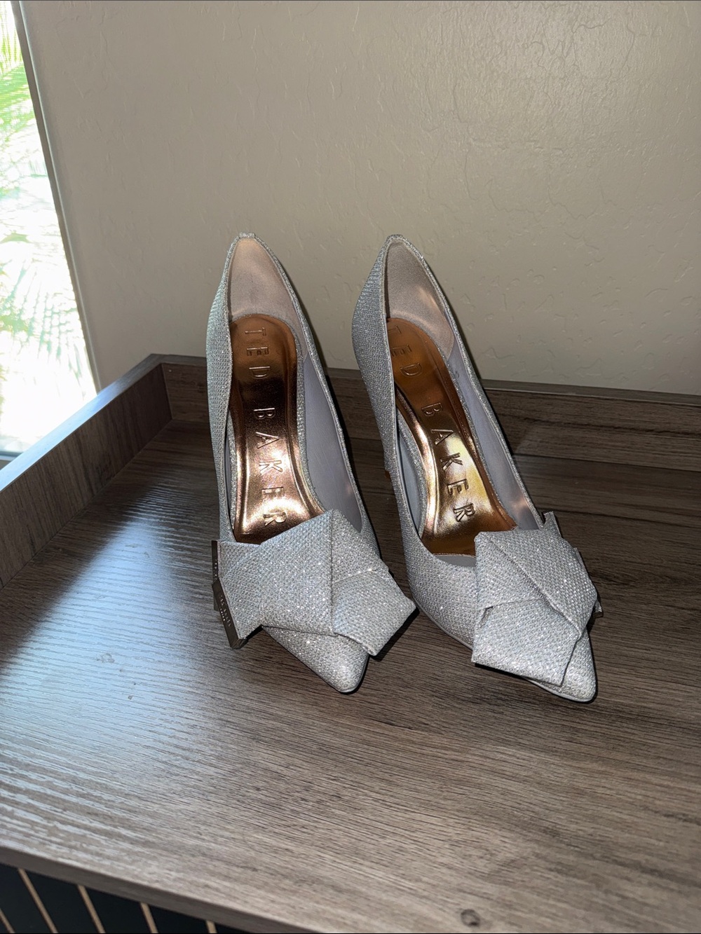 Ted Baker Silver Glitter Bow Pointed-Toe Heels
